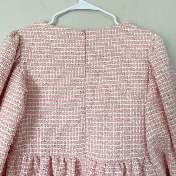 Sister Jane Pink Rosy Knees Tweed Confetti Square Neck Puff Sleeve Dress Size S - Picture 11 of 11